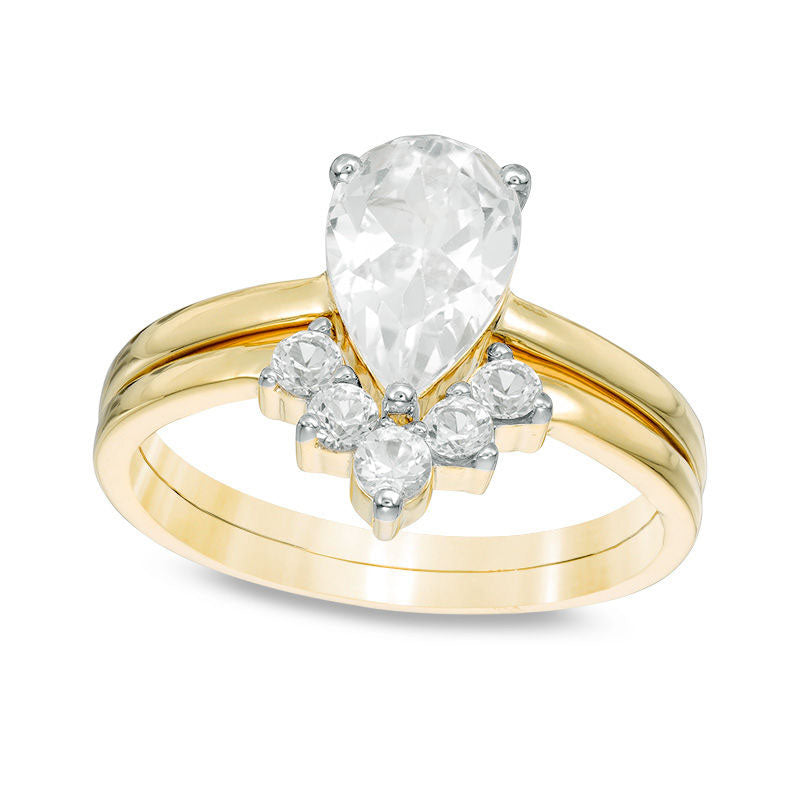 Pear-Shaped Lab-Created White Sapphire Bridal Engagement Ring Set in Sterling Silver with Solid 14K Gold Plate