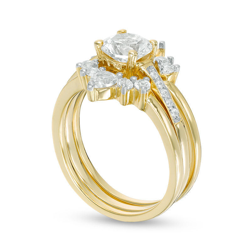 Lab-Created White Sapphire and 0.05 CT. T.W. Diamond Three Piece Bridal Engagement Ring Set in Sterling Silver with Solid 14K Gold Plate