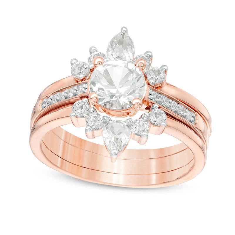 Lab-Created White Sapphire and 0.05 CT. T.W. Diamond Three Piece Bridal Engagement Ring Set in Sterling Silver with Solid 14K Rose Gold Plate