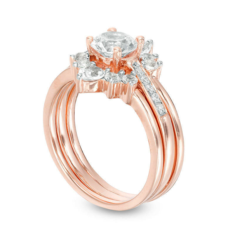 Lab-Created White Sapphire and 0.05 CT. T.W. Diamond Three Piece Bridal Engagement Ring Set in Sterling Silver with Solid 14K Rose Gold Plate