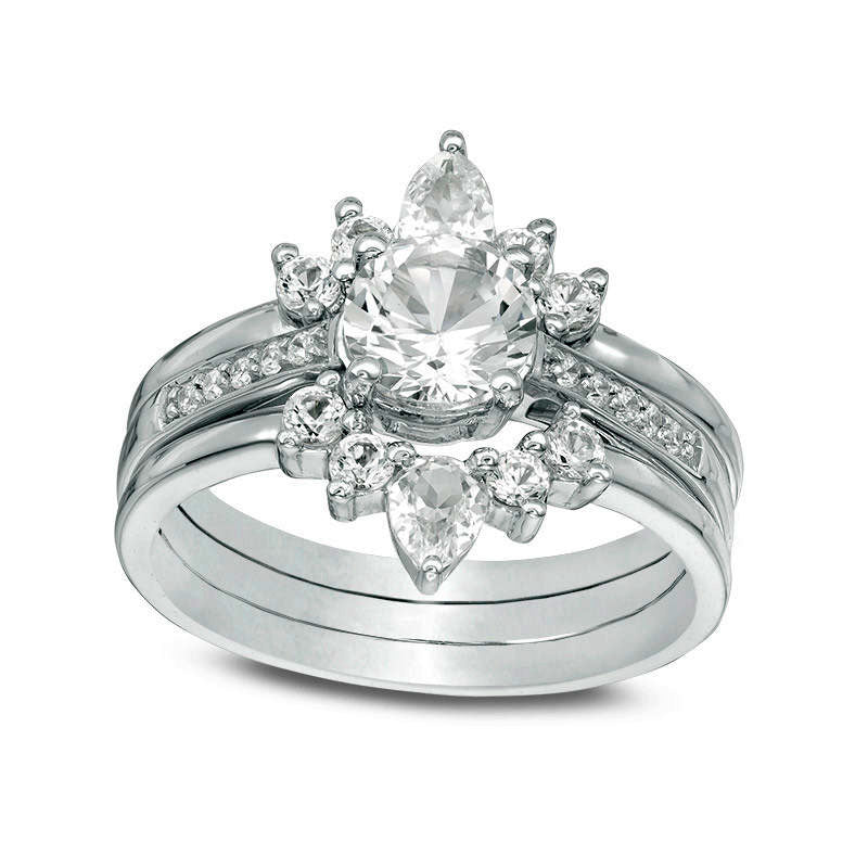 Lab-Created White Sapphire and 0.05 CT. T.W. Diamond Sunburst Three Piece Bridal Engagement Ring Set in Sterling Silver