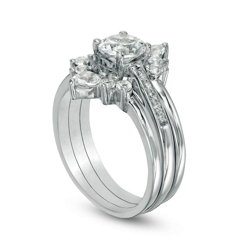 Lab-Created White Sapphire and 0.05 CT. T.W. Diamond Sunburst Three Piece Bridal Engagement Ring Set in Sterling Silver