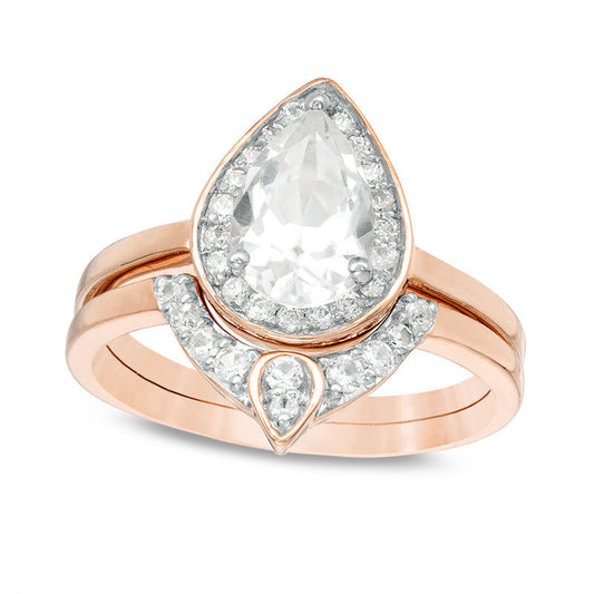 Pear-Shaped Lab-Created White Sapphire and 0.13 CT. T.W. Diamond Bridal Engagement Ring Set in Sterling Silver with Solid 14K Rose Gold Plate