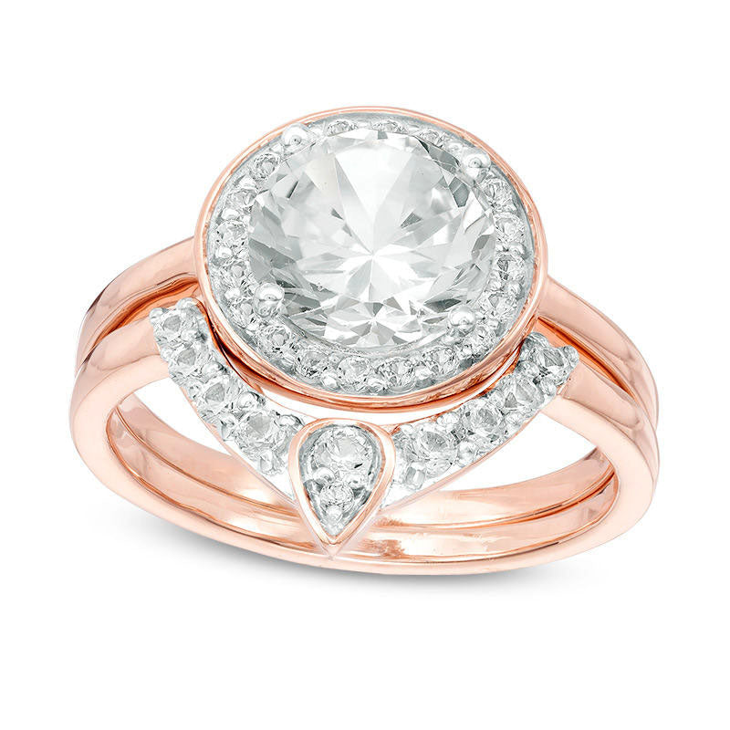 8.0mm Lab-Created White Sapphire Bridal Engagement Ring Set in Sterling Silver with Solid 14K Rose Gold Plate