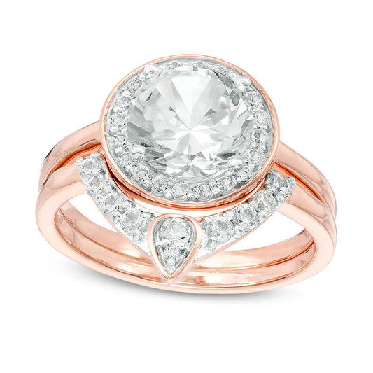 8.0mm Lab-Created White Sapphire Bridal Engagement Ring Set in Sterling Silver with Solid 14K Rose Gold Plate