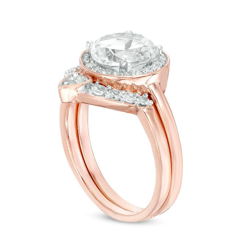 8.0mm Lab-Created White Sapphire Bridal Engagement Ring Set in Sterling Silver with Solid 14K Rose Gold Plate