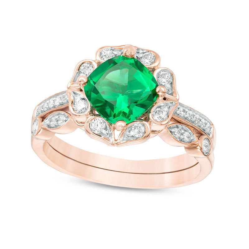 7.0mm Cushion-Cut Lab-Created Emerald and 0.33 CT. T.W. Diamond Flower Frame Bridal Engagement Ring Set in Solid 10K Rose Gold