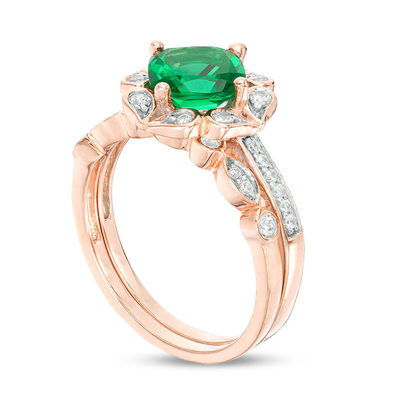 7.0mm Cushion-Cut Lab-Created Emerald and 0.33 CT. T.W. Diamond Flower Frame Bridal Engagement Ring Set in Solid 10K Rose Gold