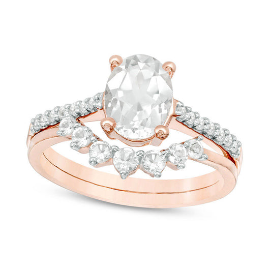 Oval White Topaz Bridal Engagement Ring Set in Solid 10K Rose Gold