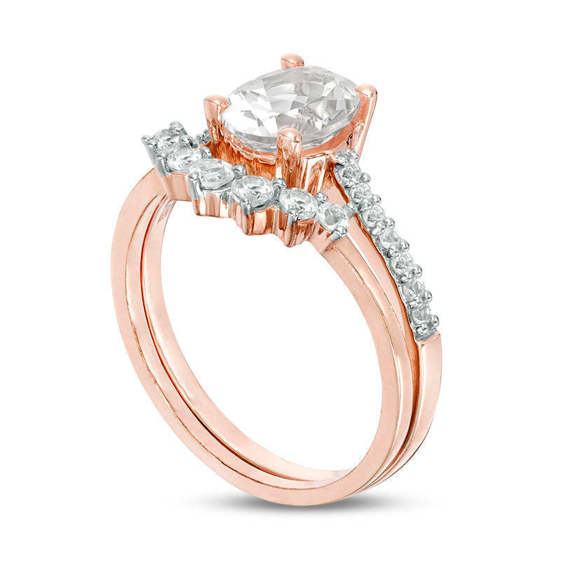 Oval White Topaz Bridal Engagement Ring Set in Solid 10K Rose Gold