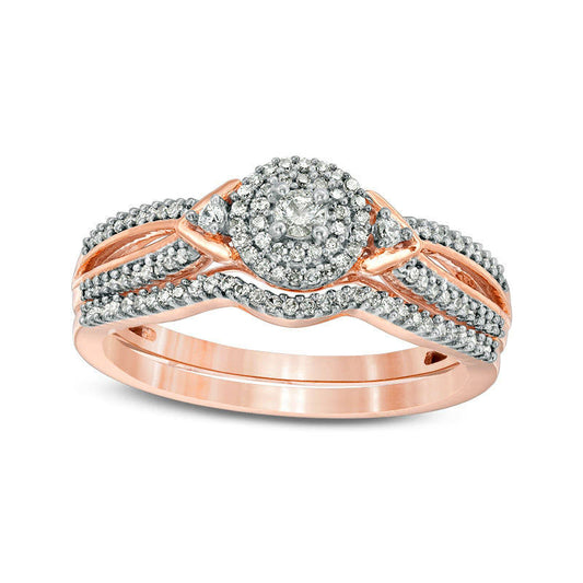 0.25 CT. T.W. Natural Diamond Double Frame V-Sides Bridal Engagement Ring Set in Solid 10K Rose Gold