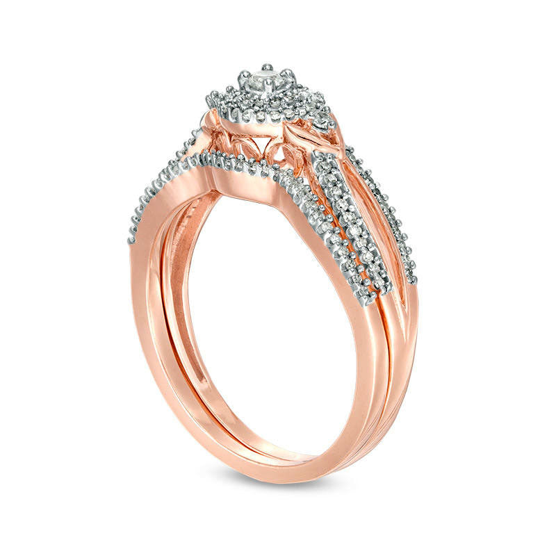 0.25 CT. T.W. Natural Diamond Double Frame V-Sides Bridal Engagement Ring Set in Solid 10K Rose Gold