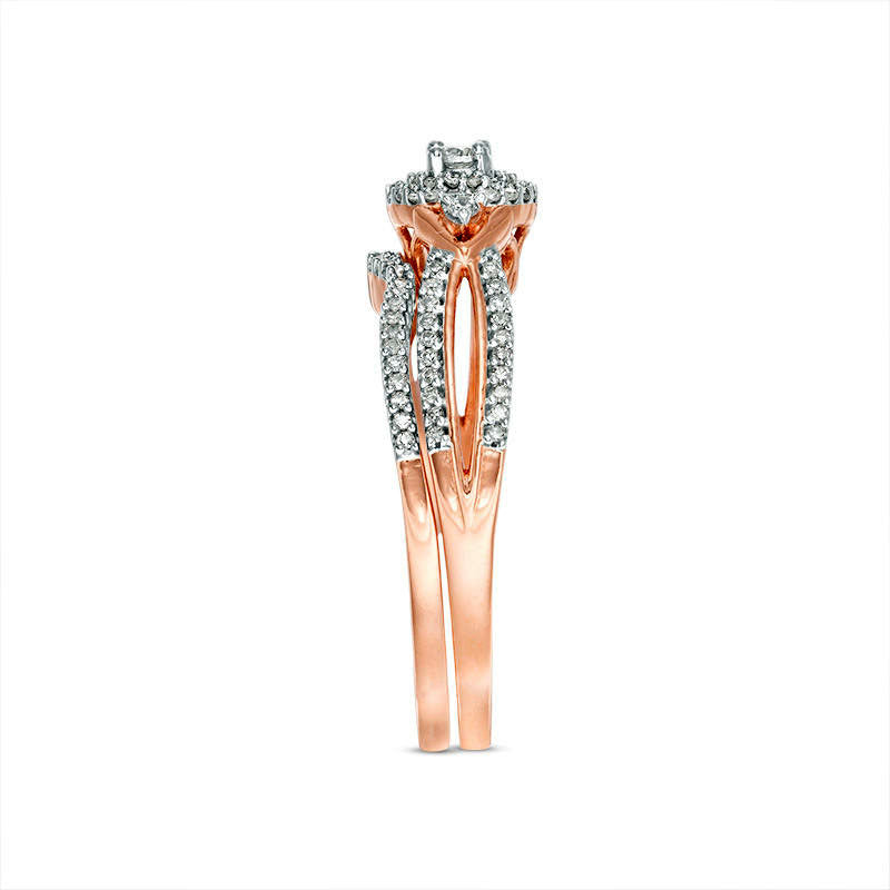 0.25 CT. T.W. Natural Diamond Double Frame V-Sides Bridal Engagement Ring Set in Solid 10K Rose Gold