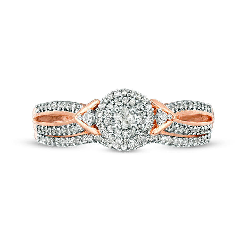 0.25 CT. T.W. Natural Diamond Double Frame V-Sides Bridal Engagement Ring Set in Solid 10K Rose Gold