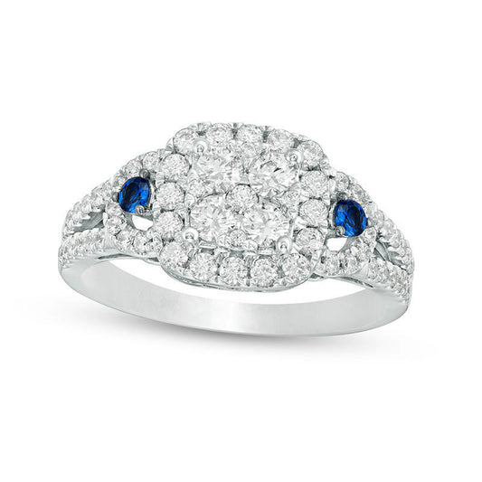 0.88 CT. T.W. Natural Diamond and Blue Sapphire Cushion Frame Engagement Ring in Solid 10K White Gold