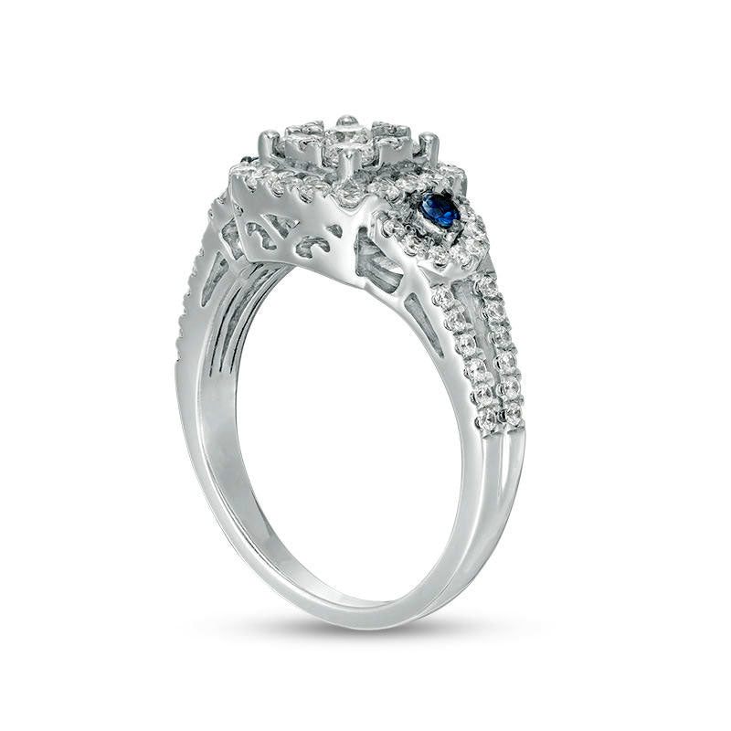 0.88 CT. T.W. Natural Diamond and Blue Sapphire Cushion Frame Engagement Ring in Solid 10K White Gold