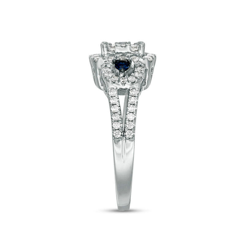 0.88 CT. T.W. Natural Diamond and Blue Sapphire Cushion Frame Engagement Ring in Solid 10K White Gold