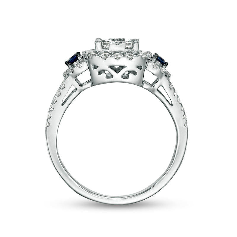 0.88 CT. T.W. Natural Diamond and Blue Sapphire Cushion Frame Engagement Ring in Solid 10K White Gold