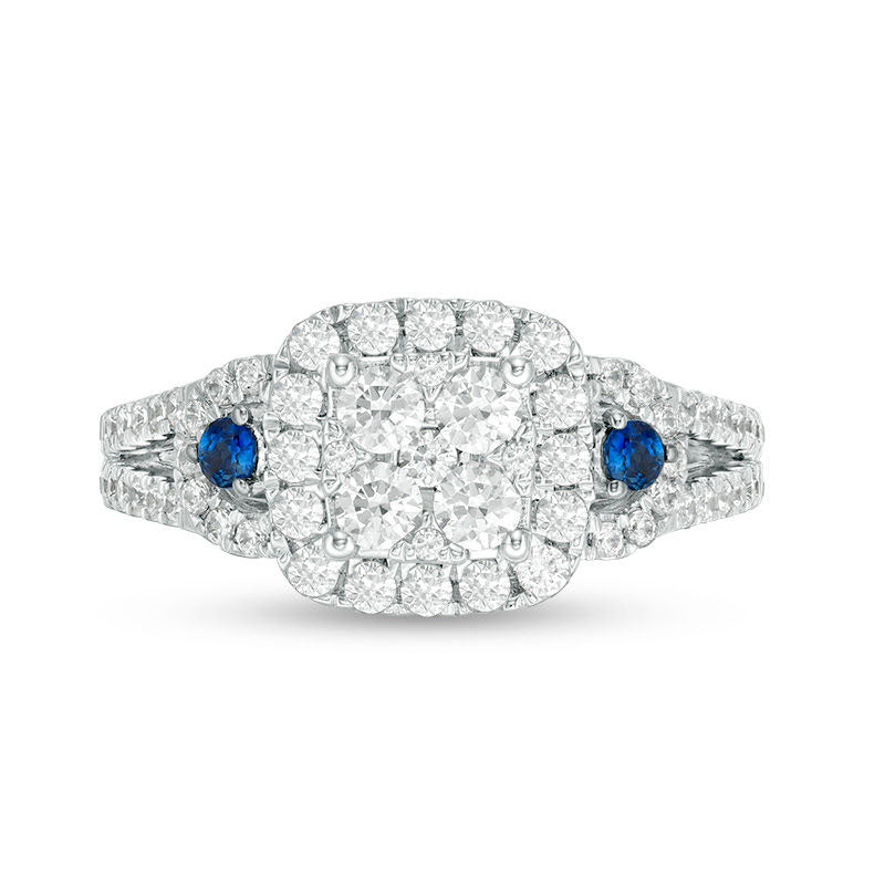 0.88 CT. T.W. Natural Diamond and Blue Sapphire Cushion Frame Engagement Ring in Solid 10K White Gold