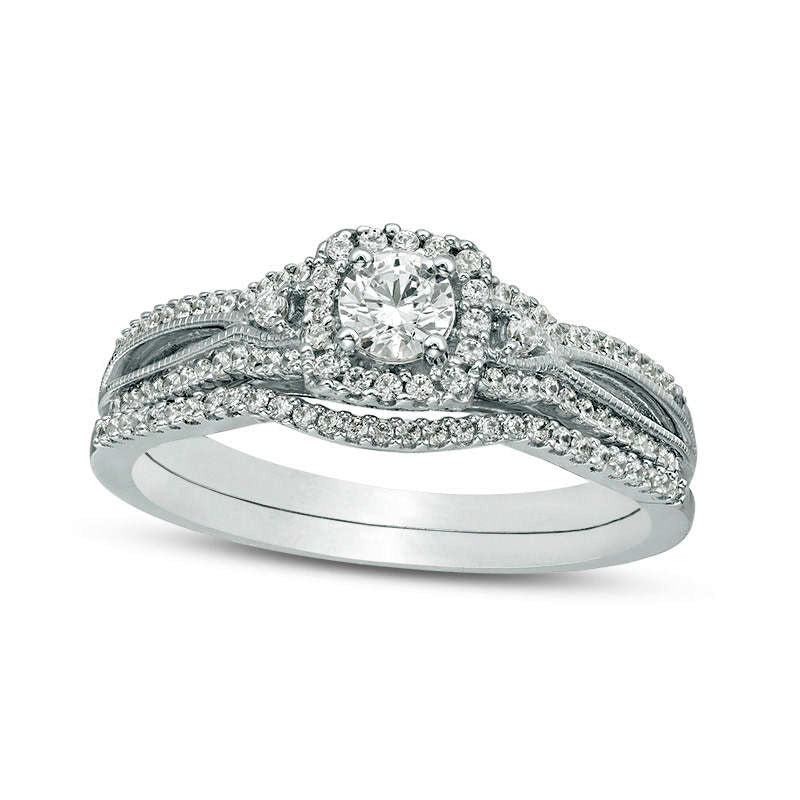 0.50 CT. T.W. Natural Diamond Square Frame Antique Vintage-Style Bridal Engagement Ring Set in Solid 10K White Gold