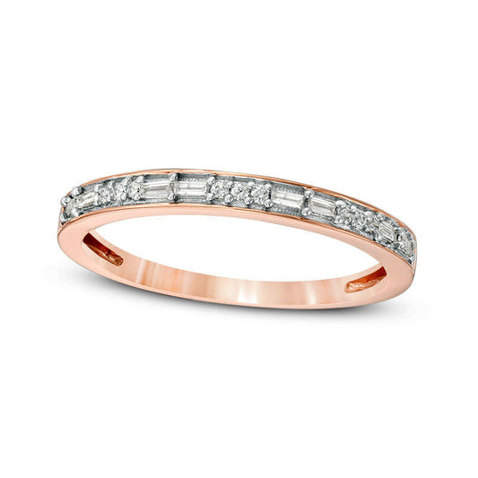 0.13 CT. T.W. Baguette and Round Natural Diamond Two Stone Alternating Stackable Band in Solid 10K Rose Gold