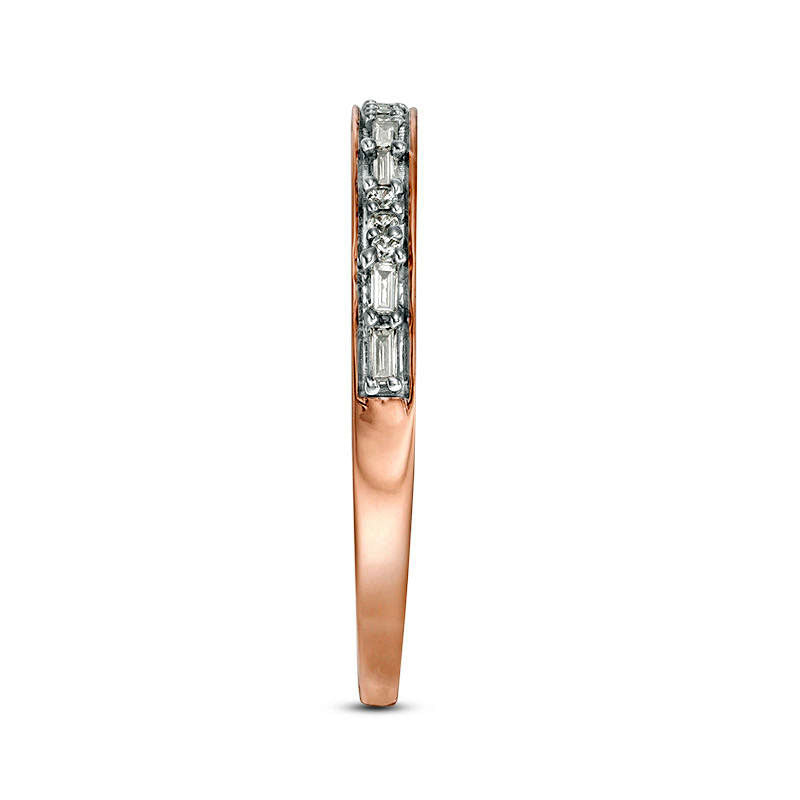 0.13 CT. T.W. Baguette and Round Natural Diamond Two Stone Alternating Stackable Band in Solid 10K Rose Gold