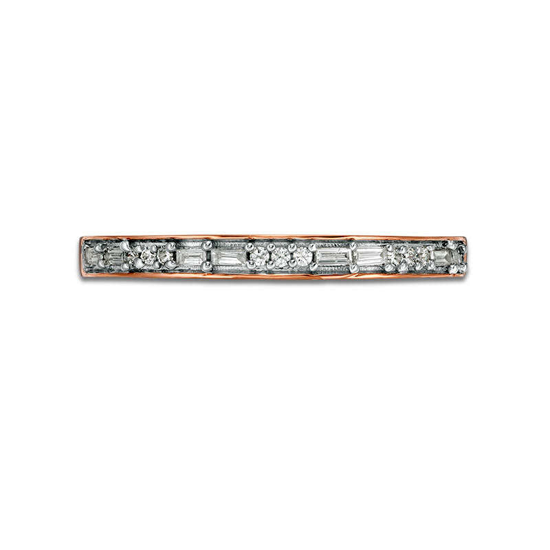 0.13 CT. T.W. Baguette and Round Natural Diamond Two Stone Alternating Stackable Band in Solid 10K Rose Gold