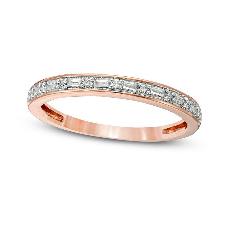 0.13 CT. T.W. Baguette and Round Natural Diamond Alternating Stackable Band in Solid 10K Rose Gold