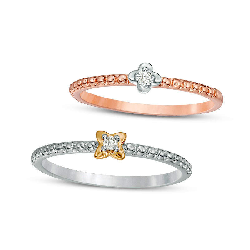 0.05 CT. T.W. Natural Diamond Clover Two Piece Stackable Ring Set in Solid 10K Tri-Tone Gold