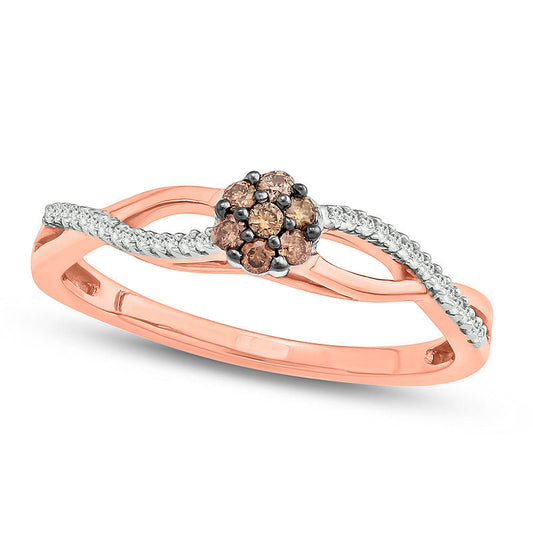 0.17 CT. T.W. Champagne and White Composite Natural Diamond Twist Promise Ring in Solid 10K Rose Gold