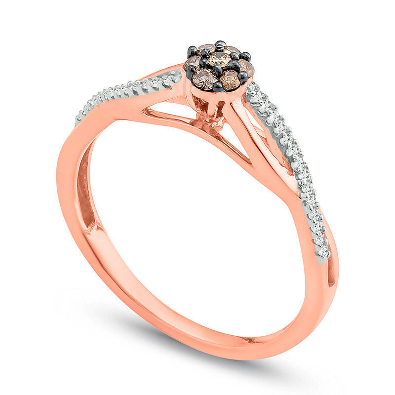 0.17 CT. T.W. Champagne and White Composite Natural Diamond Twist Promise Ring in Solid 10K Rose Gold