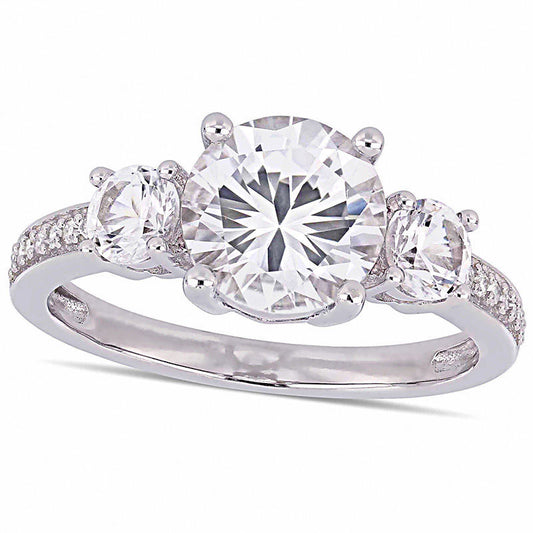 Lab-Created White Sapphire and 0.07 CT. T.W. Diamond Three Stone Engagement Ring in Solid 10K White Gold