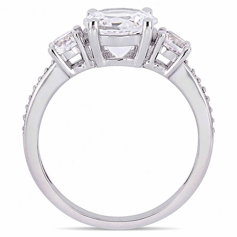 Lab-Created White Sapphire and 0.07 CT. T.W. Diamond Three Stone Engagement Ring in Solid 10K White Gold