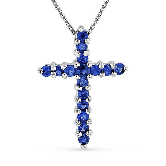 Blue Sapphire Cross Pendant in 14K White Gold