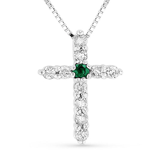 Emerald and 0.17 CT. T.W. Natural Diamond Cross Pendant in 14K White Gold