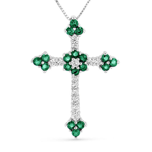 Emerald and 0.33 CT. T.W. Natural Diamond Floral Cross Pendant in 14K White Gold