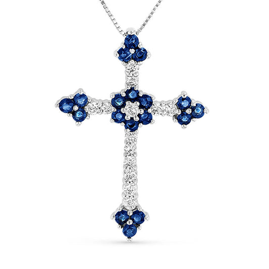 Blue Sapphire and 0.33 CT. T.W. Natural Diamond Floral Cross Pendant in 14K White Gold