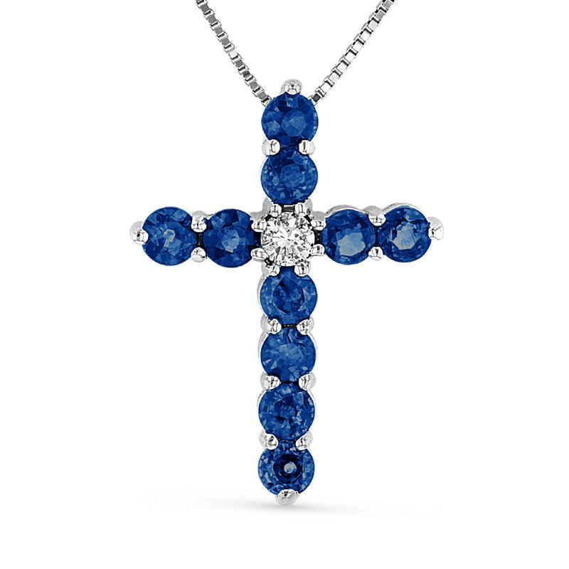 Blue Sapphire and 0.07 CT. Natural Diamond Cross Pendant in 14K White Gold