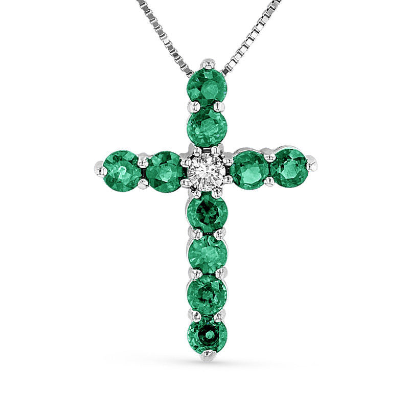 Emerald and 0.07 CT. Natural Diamond Cross Pendant in 14K White Gold