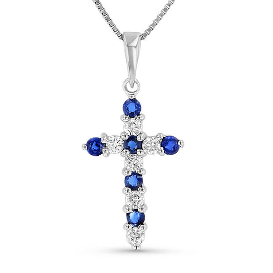 Blue Sapphire and 0.17 CT. T.W. Natural Diamond Alternating Motif Cross Pendant in 14K White Gold