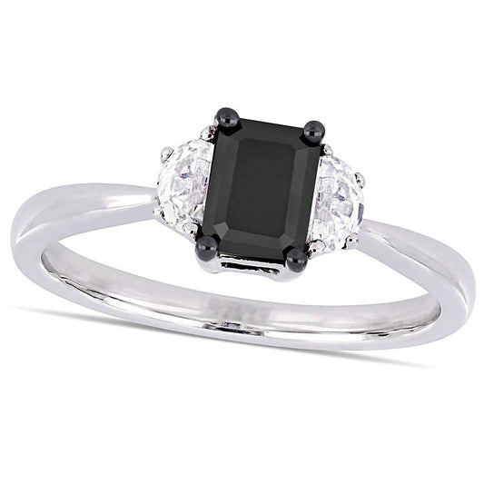 0.75 CT. Emerald-Cut Enhanced Black Natural Diamond and White Sapphire Three Stone Engagement Ring in Solid 10K White Gold