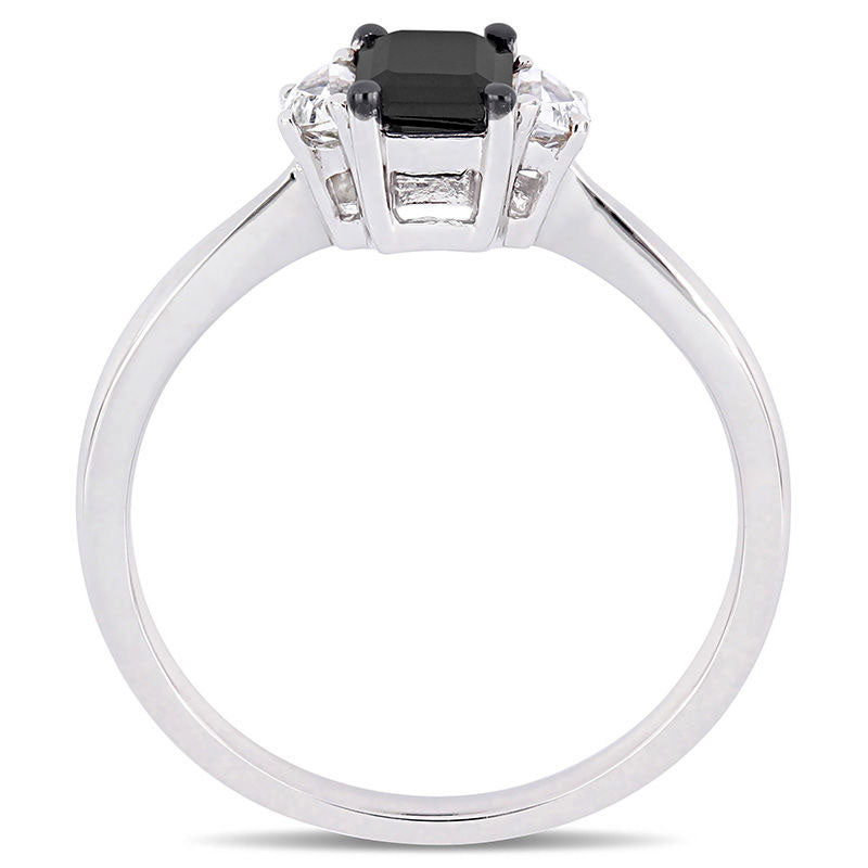 0.75 CT. Emerald-Cut Enhanced Black Natural Diamond and White Sapphire Three Stone Engagement Ring in Solid 10K White Gold