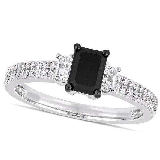 0.88 CT. T.W. Emerald-Cut Enhanced Black Natural Diamond and White Sapphire Three Stone Engagement Ring in Solid 10K White Gold