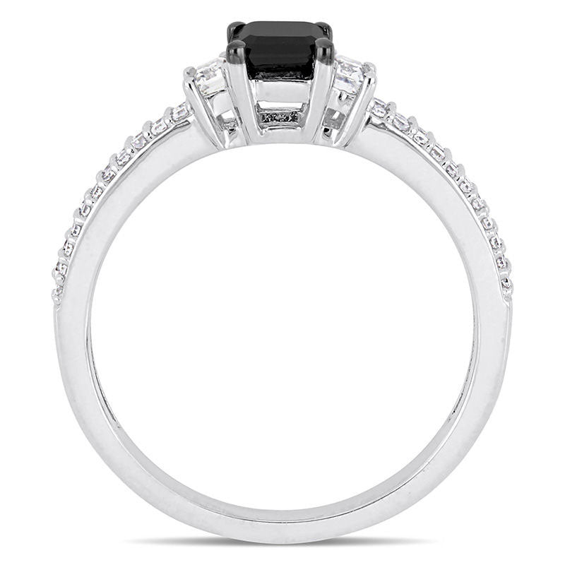 0.88 CT. T.W. Emerald-Cut Enhanced Black Natural Diamond and White Sapphire Three Stone Engagement Ring in Solid 10K White Gold