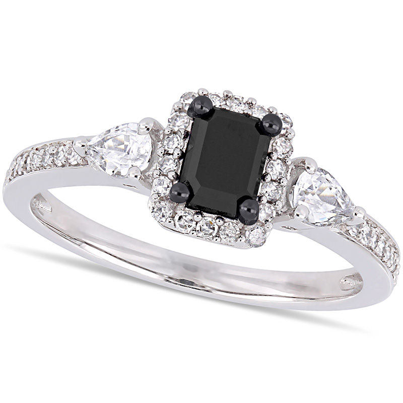 0.88 CT. T.W. Emerald-Cut Enhanced Black and White Sapphire Three Stone Frame Engagement Ring in Solid 10K White Gold