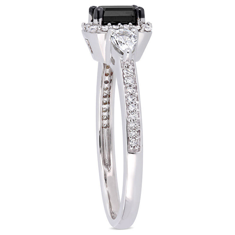 0.88 CT. T.W. Emerald-Cut Enhanced Black and White Sapphire Three Stone Frame Engagement Ring in Solid 10K White Gold