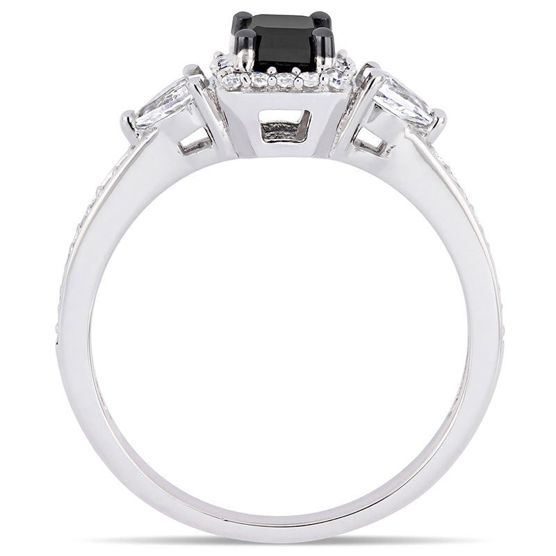 0.88 CT. T.W. Emerald-Cut Enhanced Black and White Sapphire Three Stone Frame Engagement Ring in Solid 10K White Gold