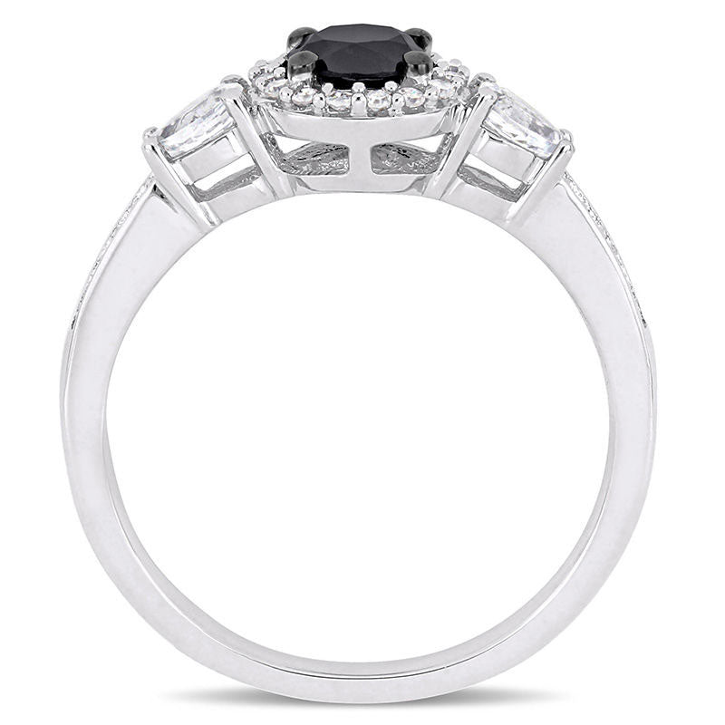 0.63 CT. T.W. Enhanced Black Natural Diamond and White Sapphire Three Stone Frame Engagement Ring in Solid 10K White Gold