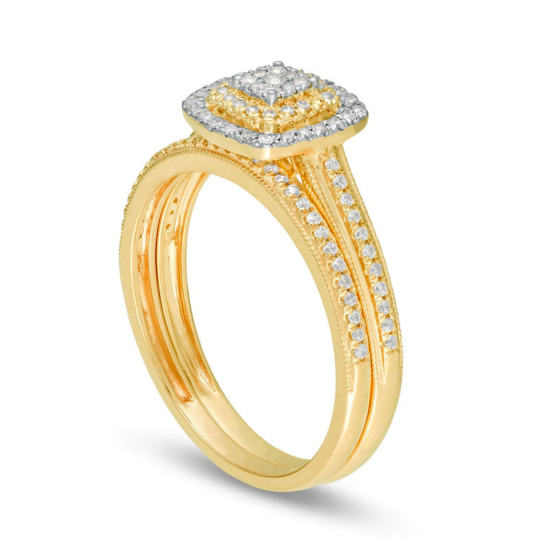 0.33 CT. T.W. Composite Natural Diamond Double Cushion Frame Antique Vintage-Style Bridal Engagement Ring Set in Solid 10K Yellow Gold