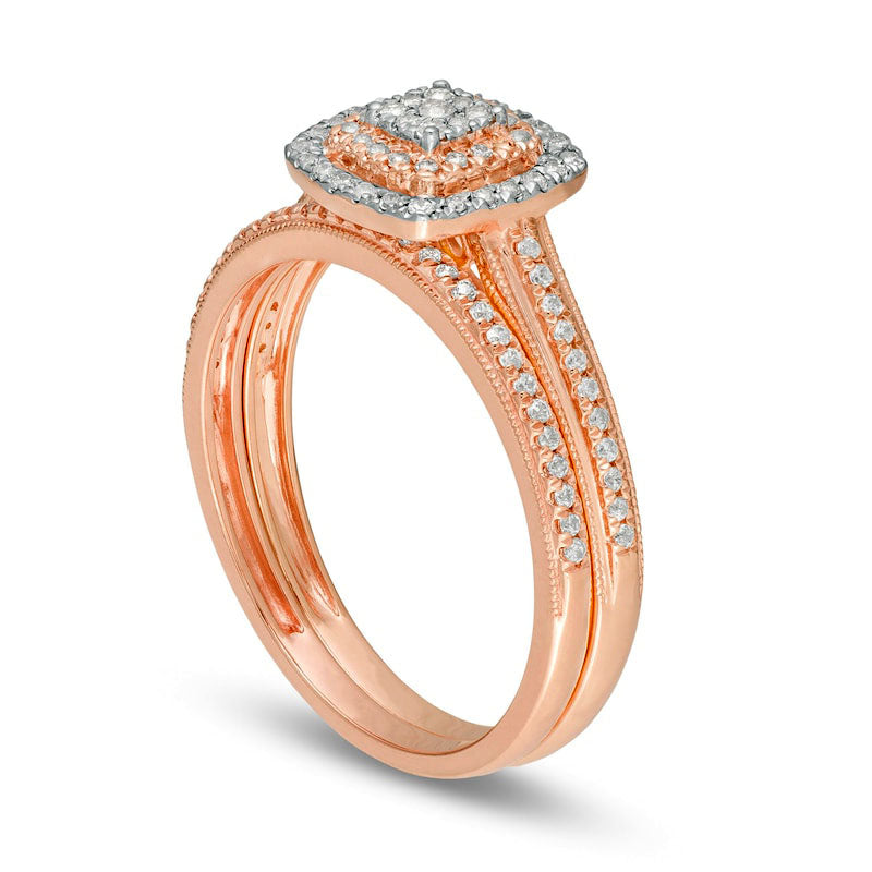 0.33 CT. T.W. Composite Natural Diamond Double Cushion Frame Antique Vintage-Style Bridal Engagement Ring Set in Solid 10K Rose Gold